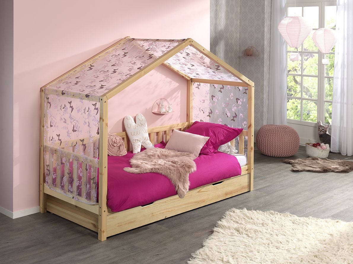 Vipack: Hausbett + Bettschublade + Textilhimmel - Spielbett Jugendbett - Natur