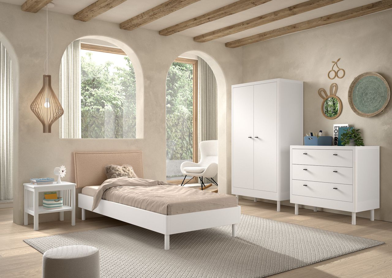 Set Einzelbett Schrank 2T Nachtkonsole Kommode Lattenrost Buche massiv Weiß