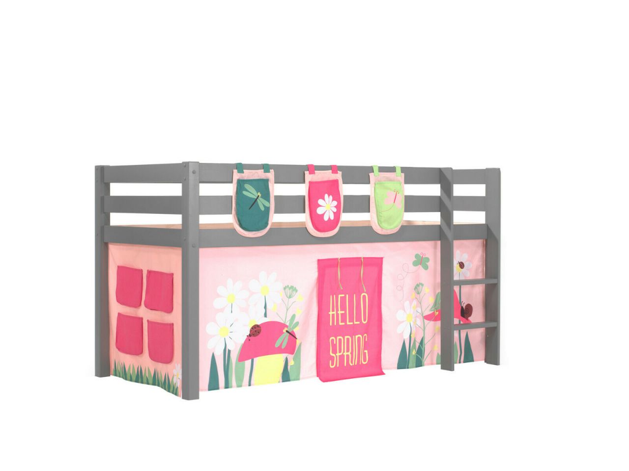 Vipack:Spielbett 'Pino' mit Textilset+Taschen - Jugend/Kinderbett Hochbett Grau