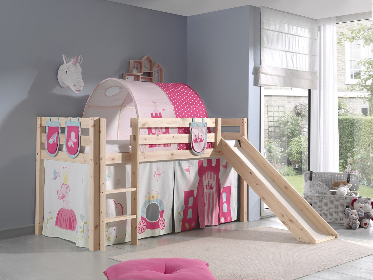 Spielbett Hochbett Kinderbett 90x200 Rutsche Vorhang Prinzessin Rosa Tunnel Holz