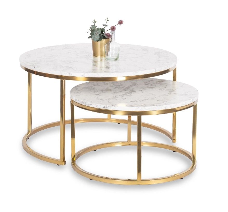 2 Beistelltische Ø 80/60 Tischset Couchtisch Ablagetisch Marmorweiß Gold