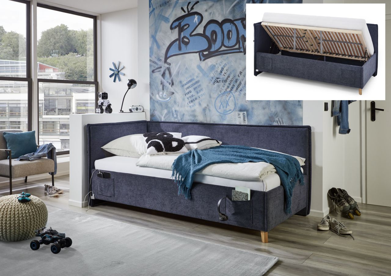 Polsterbett 3 Größen Lattenrost Rückenteil Bettkasten USB Jugendbett Dunkelblau