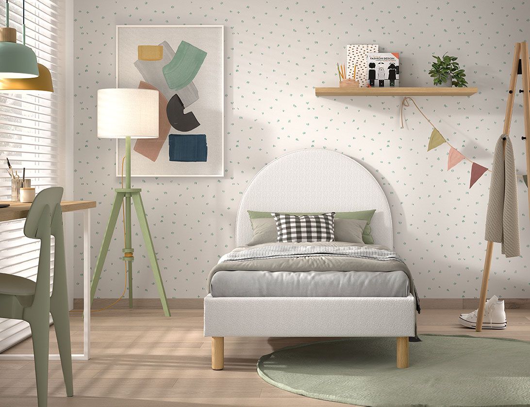 Set Polsterbett 90x200 Lattenrost Jugendbett rund Kinder Einzelbett Stoff Weiß