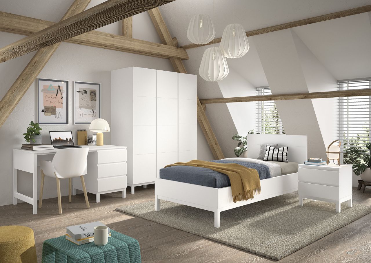 Set Einzelbett 90x200 Nachtkommode Schrank 3T Schreibtisch Jugendzimmer Weiß