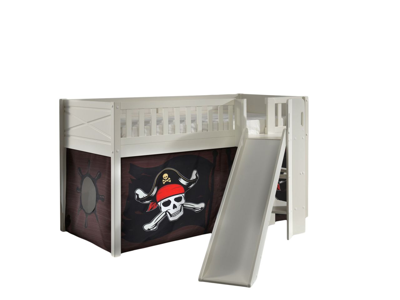 Set Spielbett Rutsche Vorhang Lattenrost Hochbett Kinderbett 90x200 Piraten Weiß
