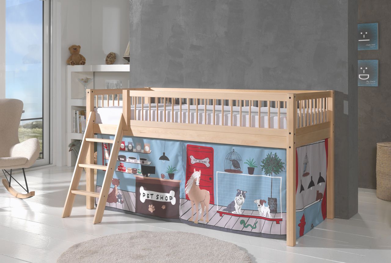 Halbhohes Spielbett Kinderbett 90x200 Vorhangset Pet Shop Buche massiv Natur