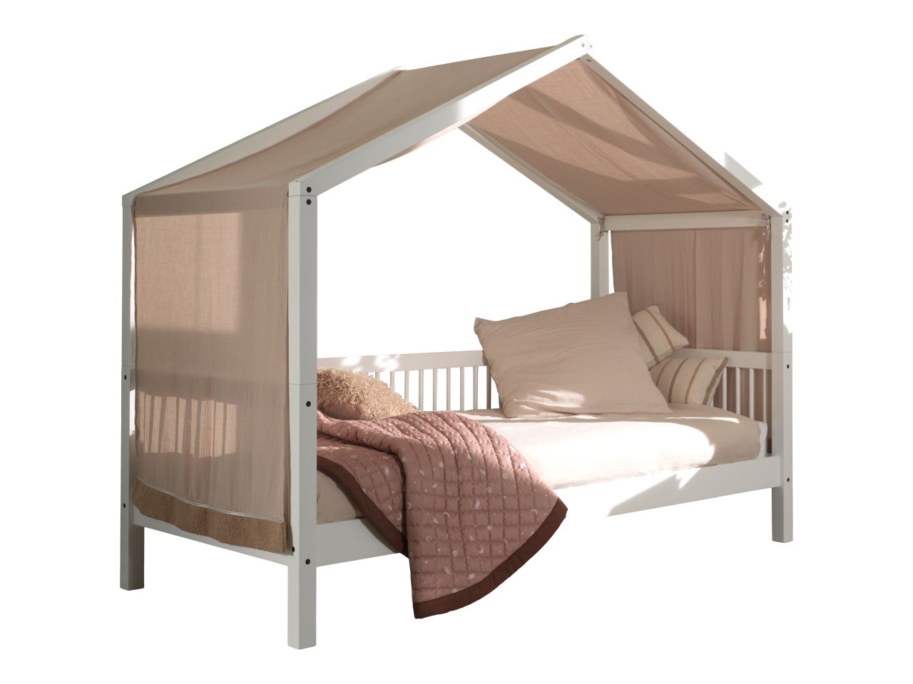 Hausbett Kinderbett 90x200 Textilhimmel Lattenrost Spielbett Buche massiv Weiß
