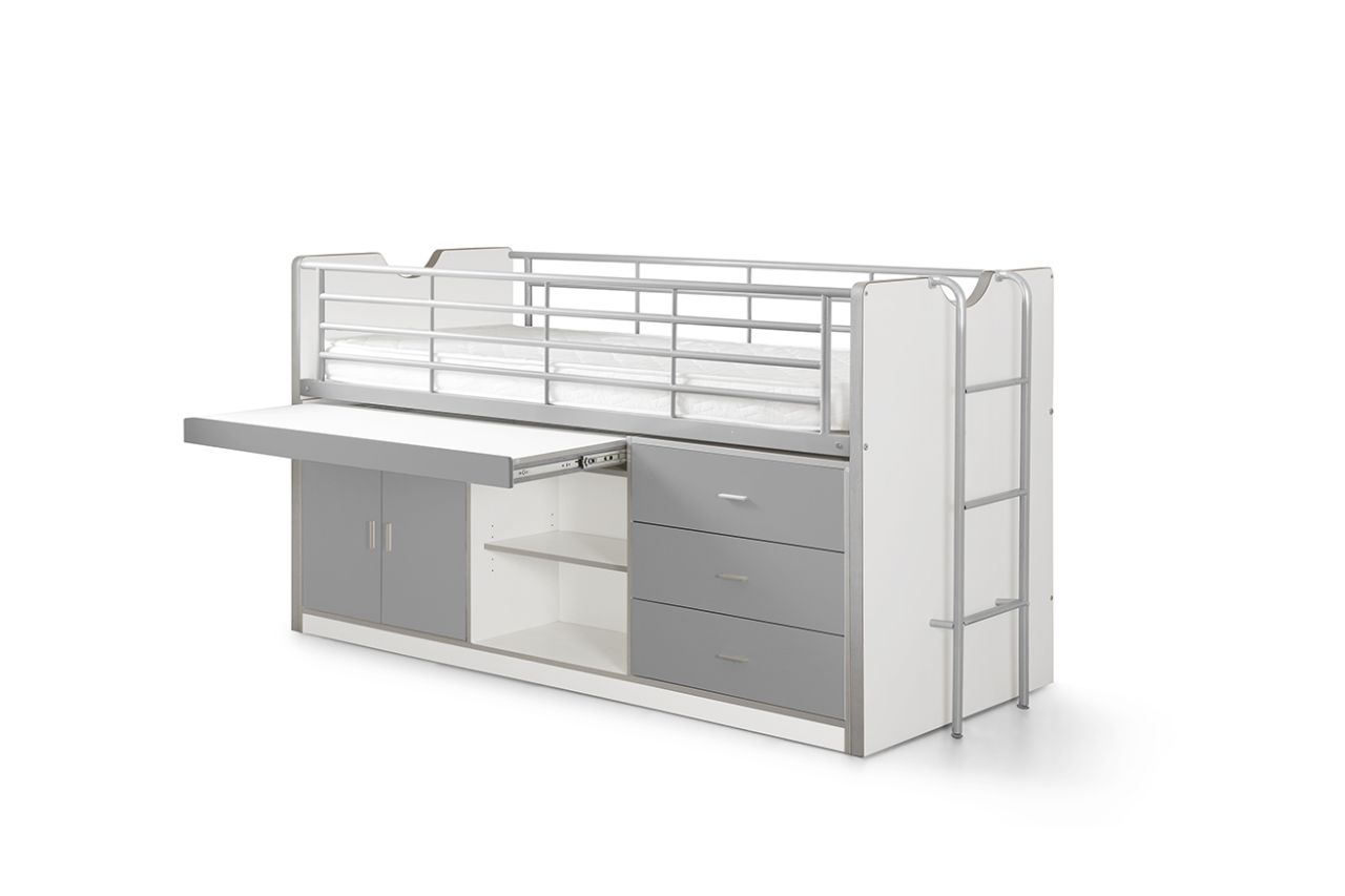 Vipack Hochbett BONNY 90 x 200 Weiß / Silbergrau mit Schreibtisch Halbhochbett