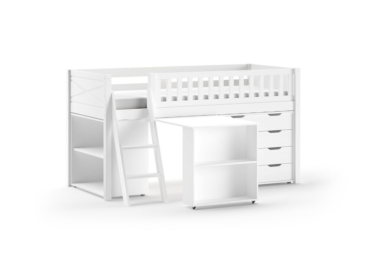 halbhohes Funktionsbett 90x200 Spielbett Jugendbett Schreibtisch Regal Kommode