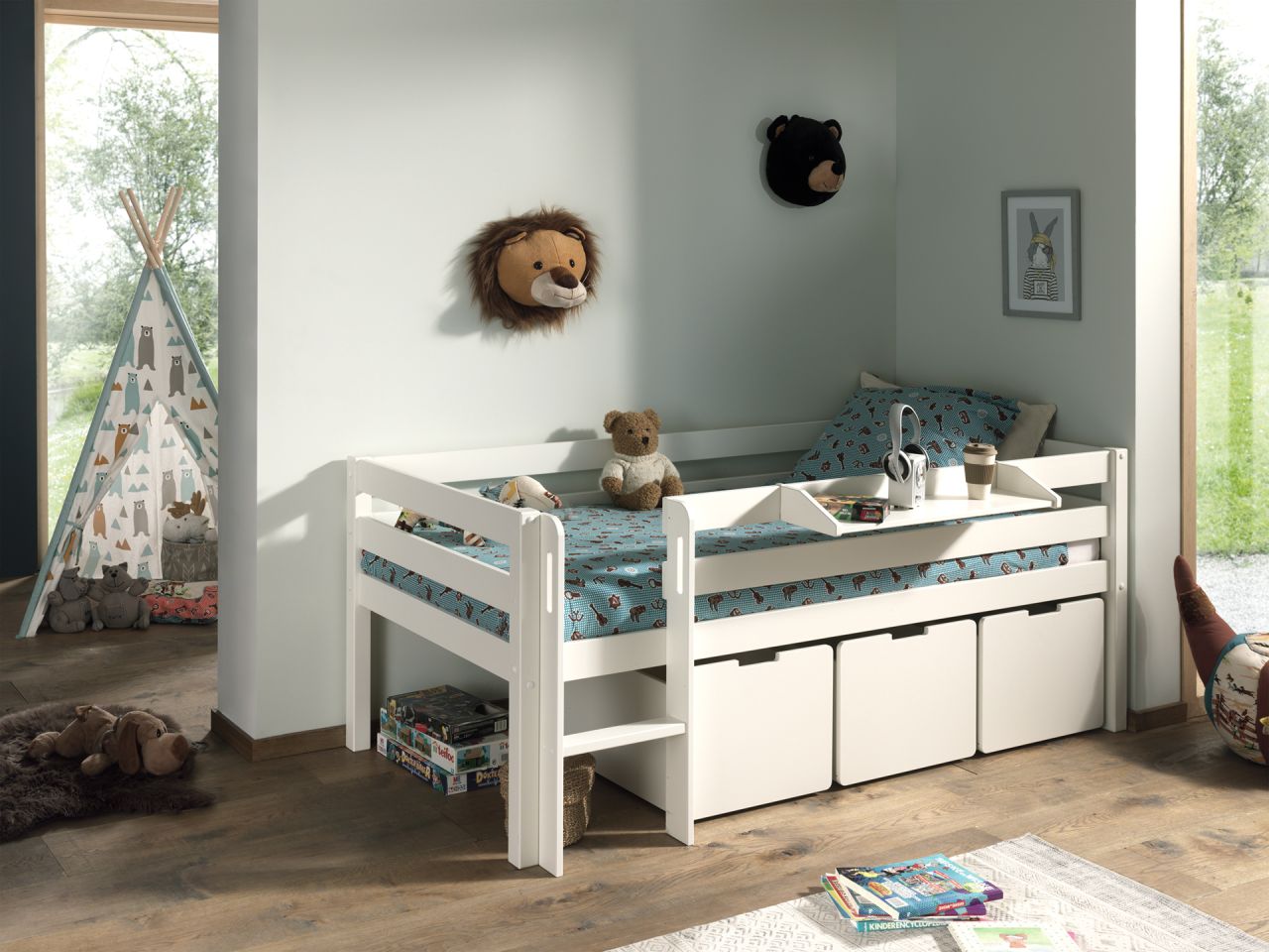 Kojen Spielbett Set Schubladen Lattenrost 90x200 Kinderbett Einzelbett Regal