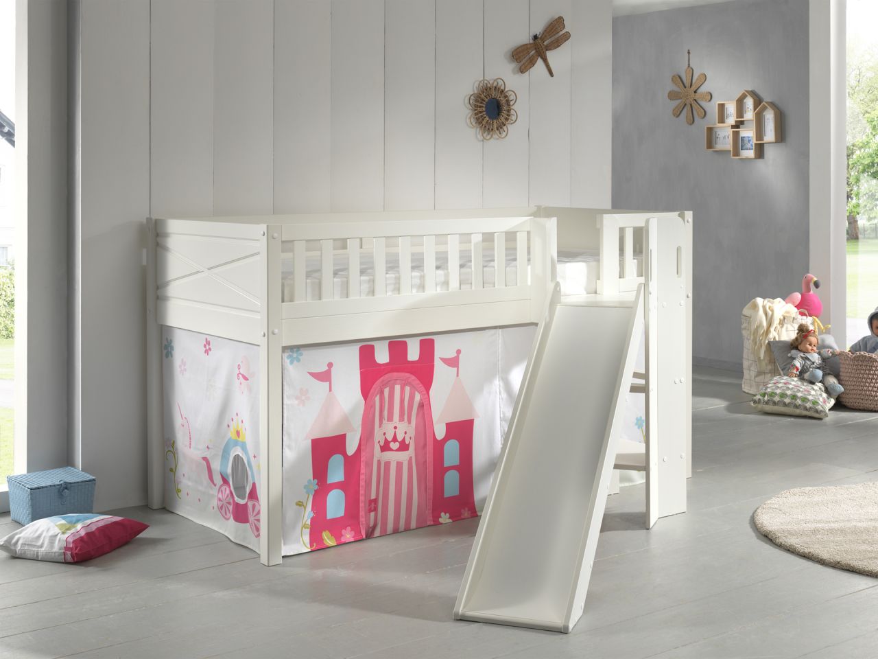 Set Spielbett Rutsche Vorhang Lattenrost Hochbett Kinder 90x200 pink Prinzessin