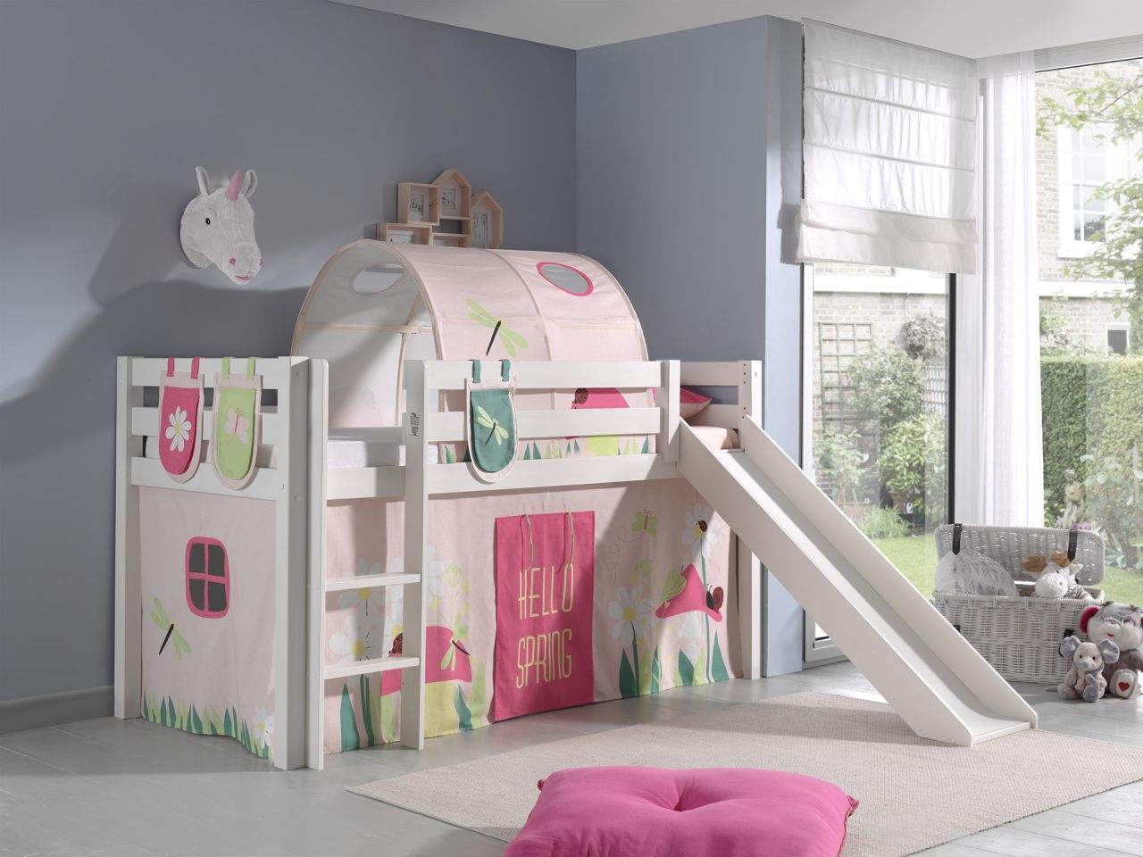 Vipack: 'PINO' Spielbett mit Rutsche 90 x 200 und Textilset 'Spring' Kiefer Weiß