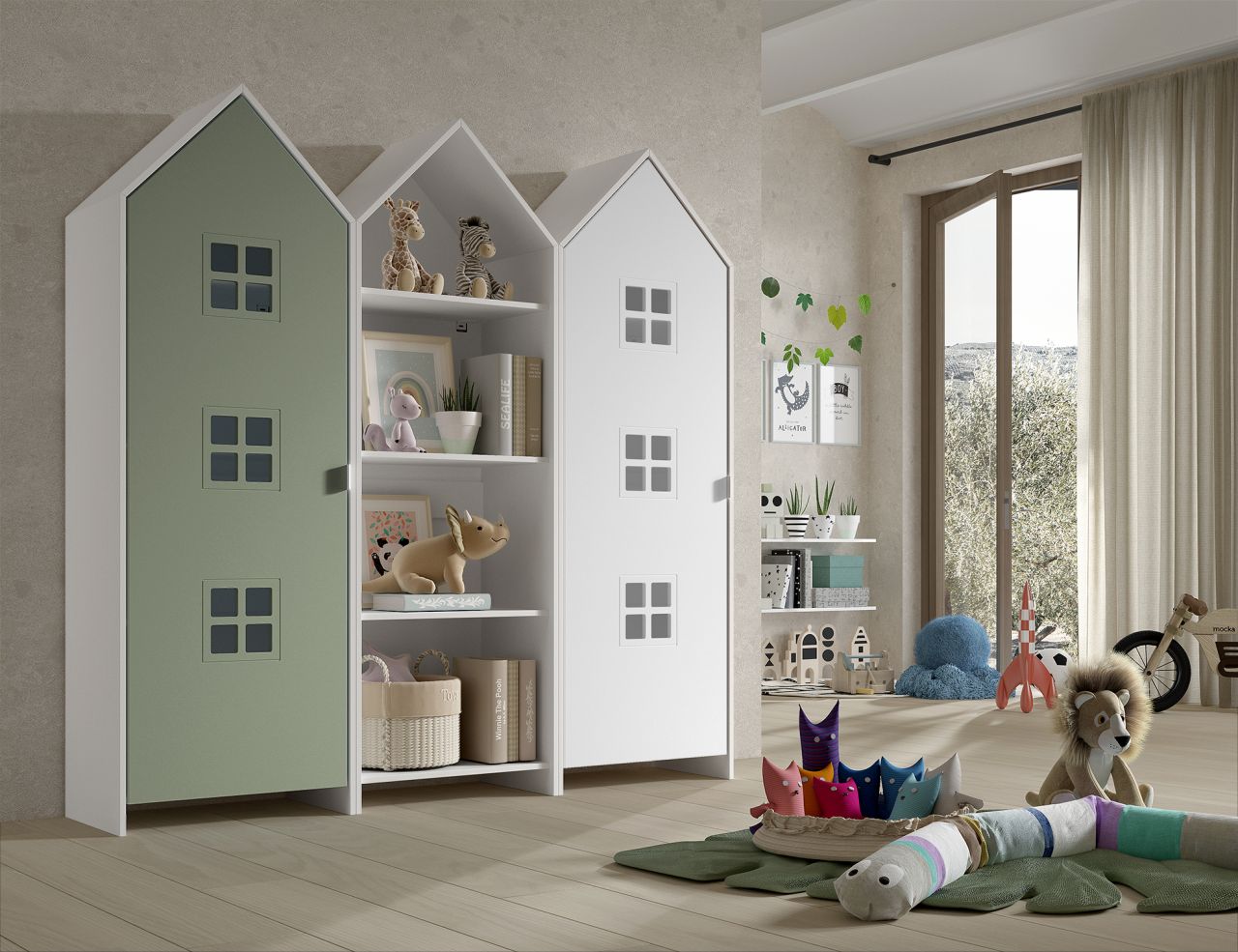 Set: 2 Schränke + Regal CASAMI BRUGES Jugendschrank Wäscheschrank Weiß Grün