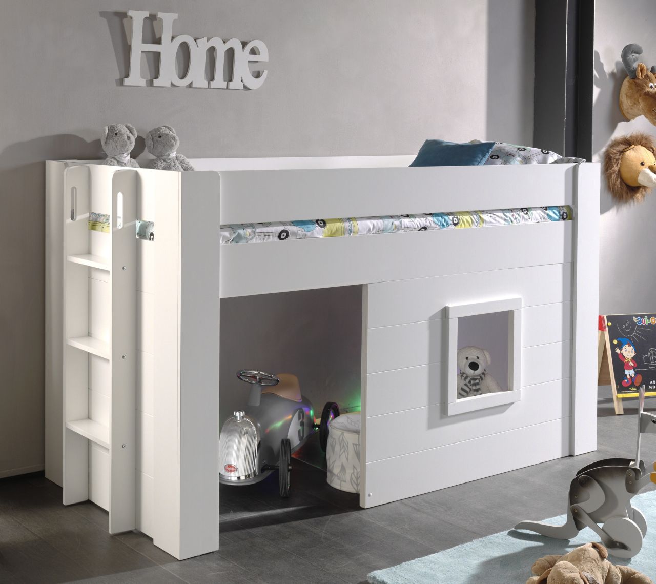 Vipack: Halbhohes Spielbett 'NOAH' 90 x 200 - Hausbett Hochbett Kinderbett Weiß