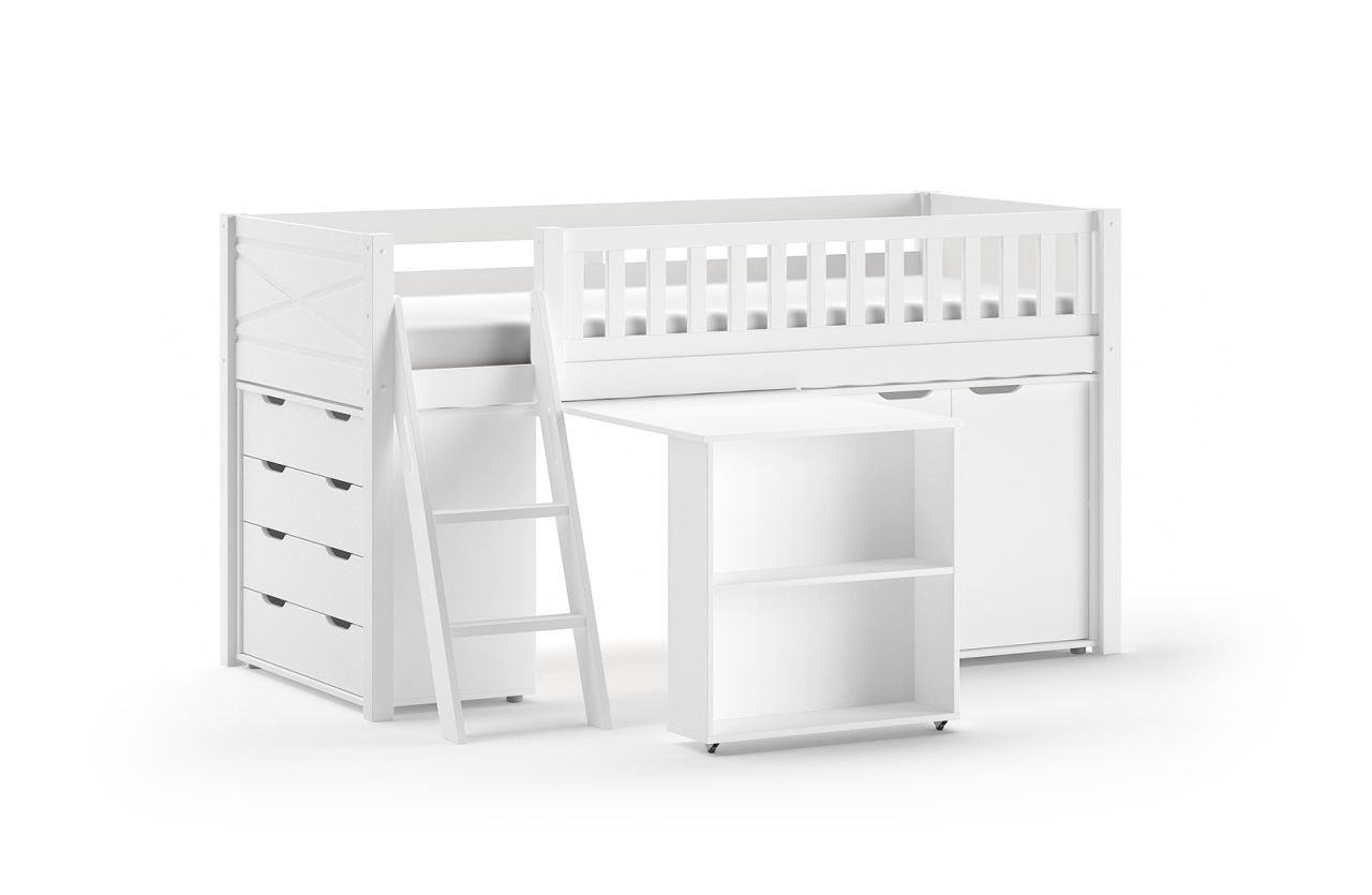 halbhohes Funktionsbett 90x200 Spielbett Jugendbett Schreibtisch 2 Kommoden Weiß