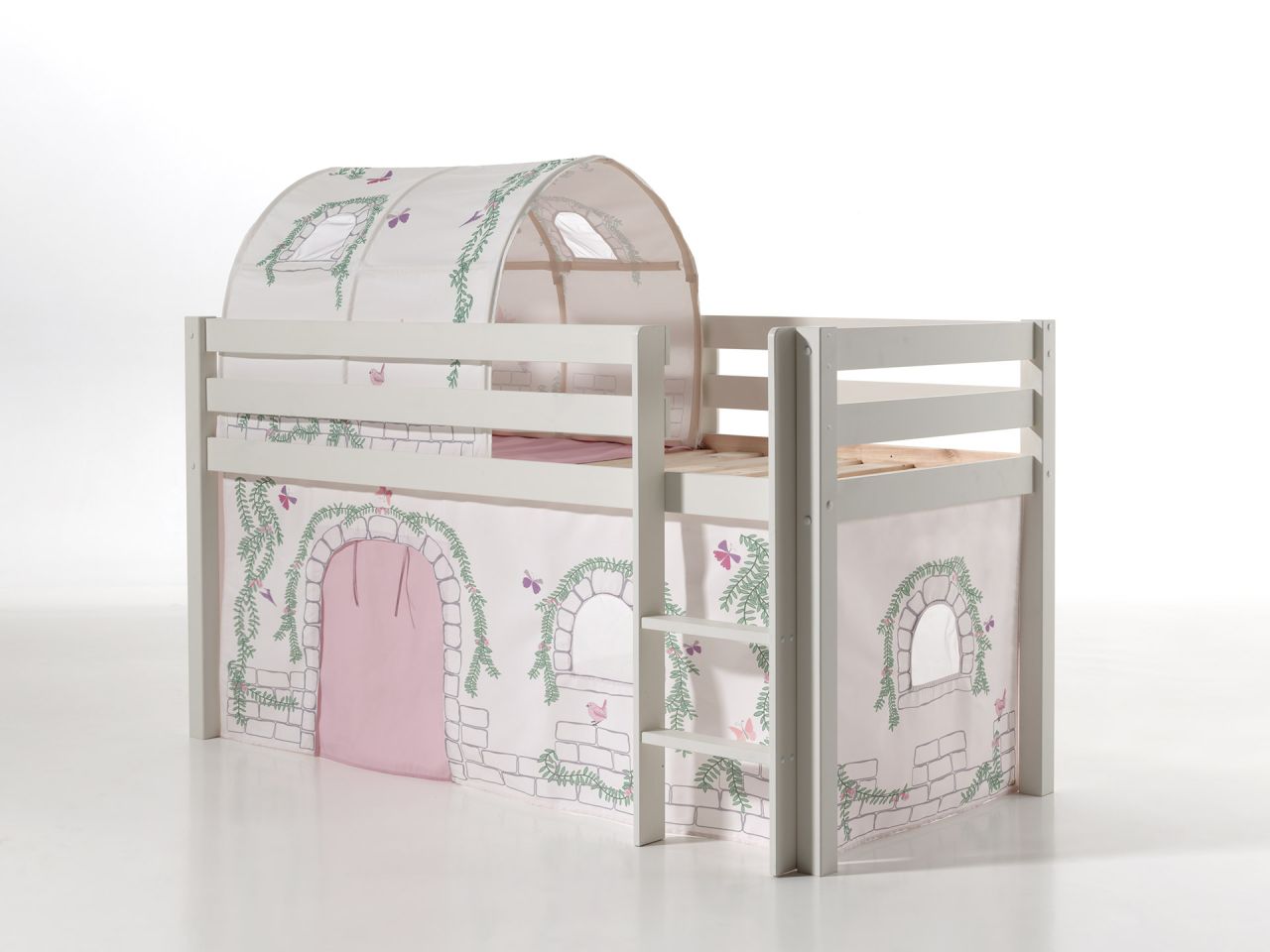 Vipack: PINO Spielbett / Hochbett 90x200 mit Vorhang+Tunnel 'Birdy' Massiv Weiß