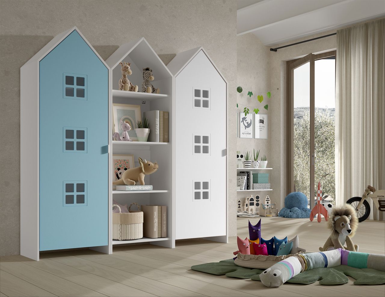 Set: 2 Schränke + Regal CASAMI BRUGES Jugendschrank Wäscheschrank Weiß Blau