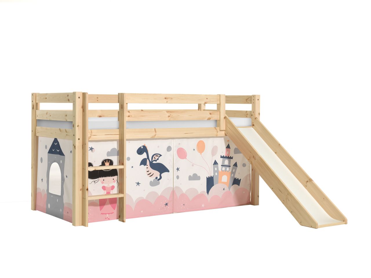 Vipack:'Pino' Halbhohes Bett mit Rutsche und Textilset 'Princess Sophie'-Kiefer