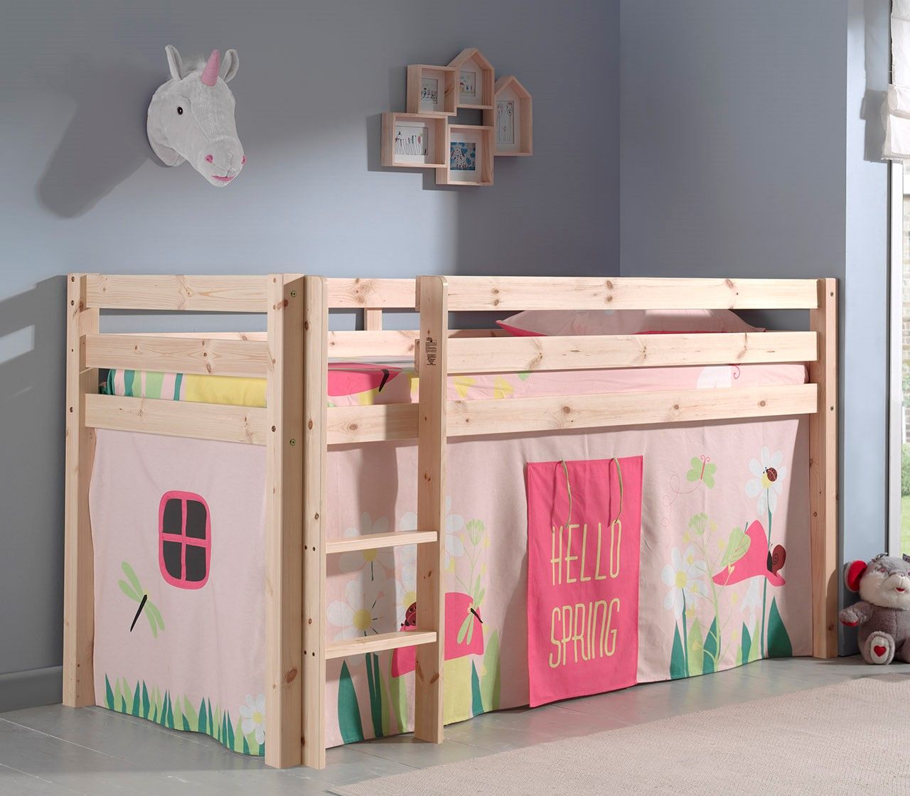 Spielbett Hochbett Kinderbett 90x200 Vorhang Rosa Blumen Holzbett Natur Leiter