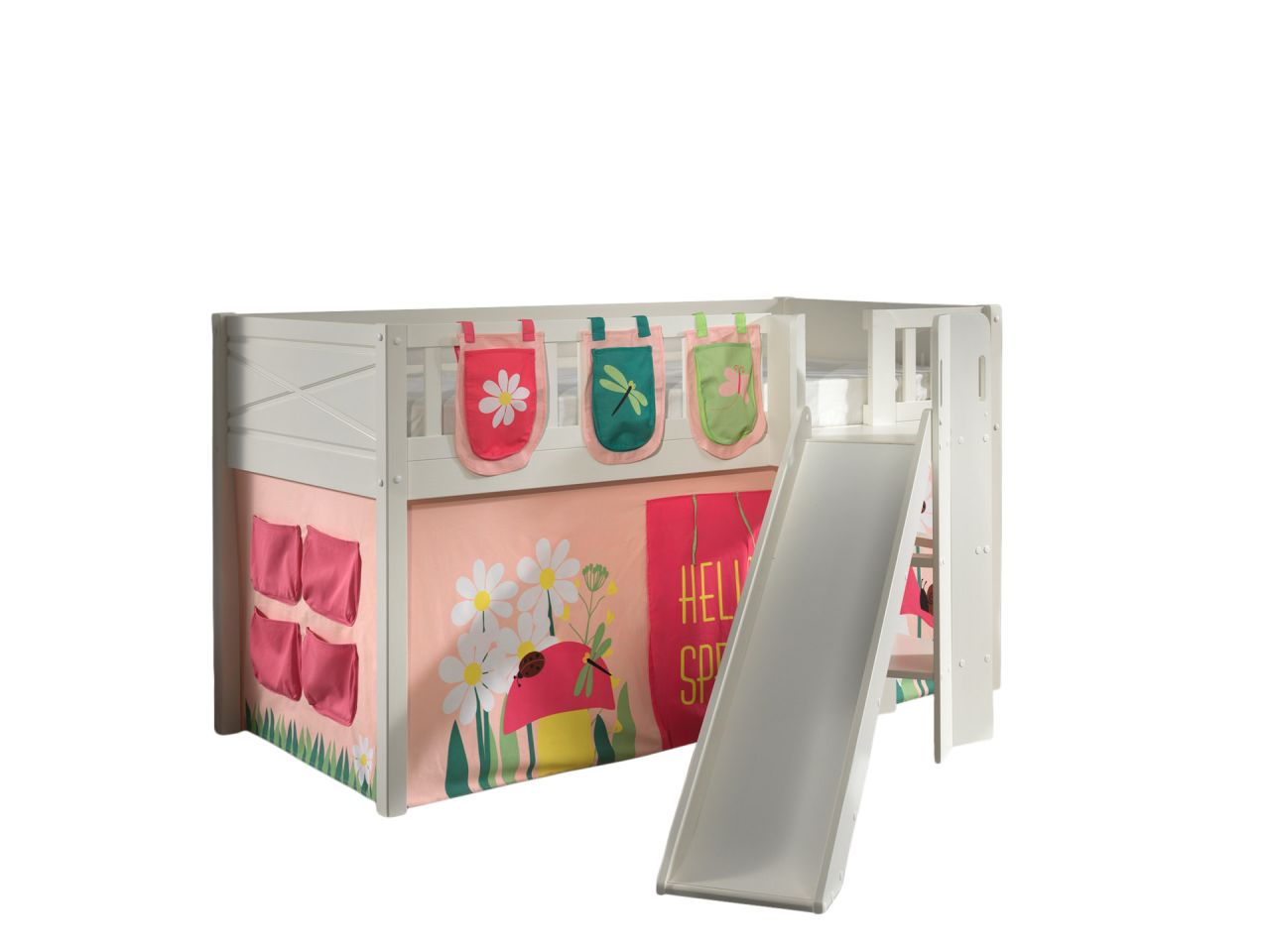 Set Spielbett Rutsche Vorhang Lattenrost Taschen Hochbett Kinderbett 90x200 rosa
