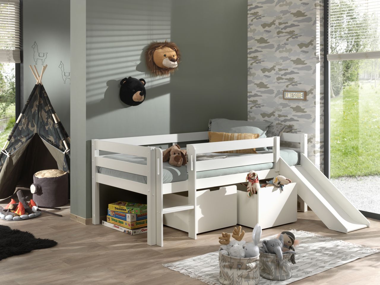 Kojen Spielbett Schubladen Lattenrost 90x200 Kinderbett Einzelbett Set Rutsche