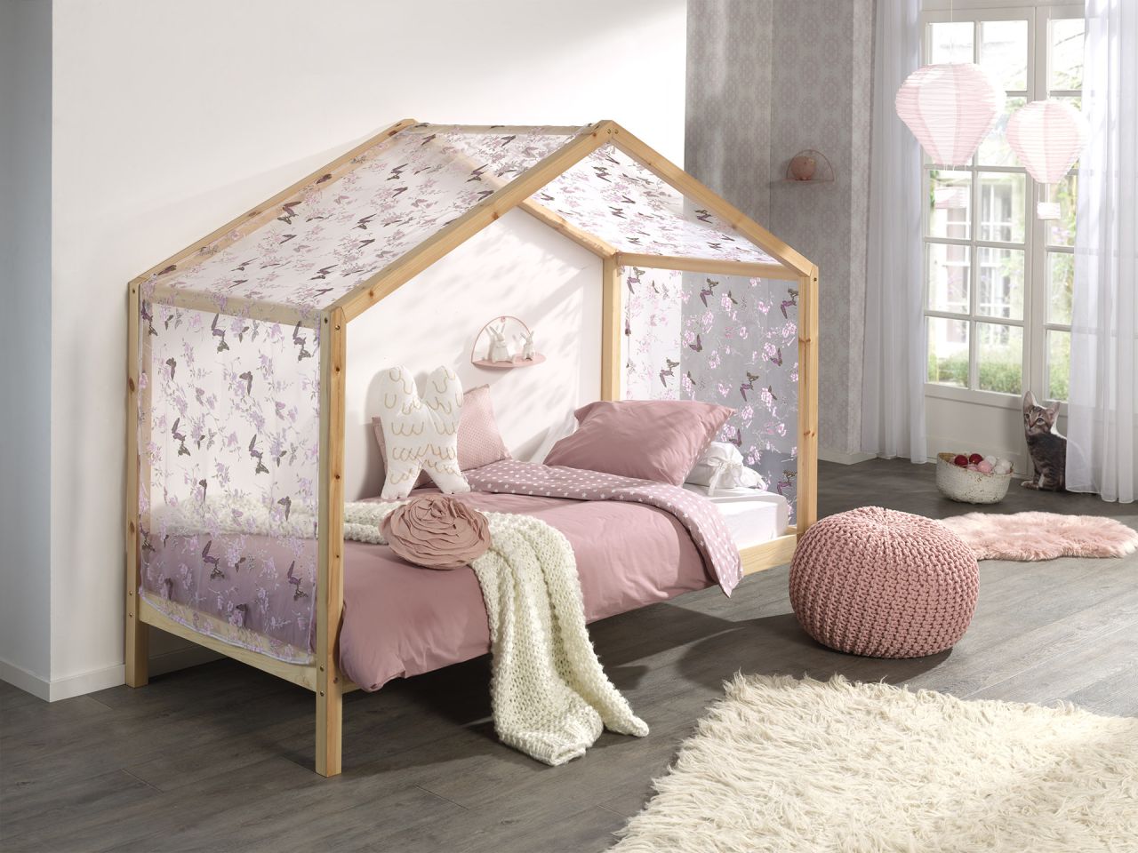 Vipack: Hausbett + Textilhimmel - Spielbett Kinderbett Jugendbett Kiefer natur