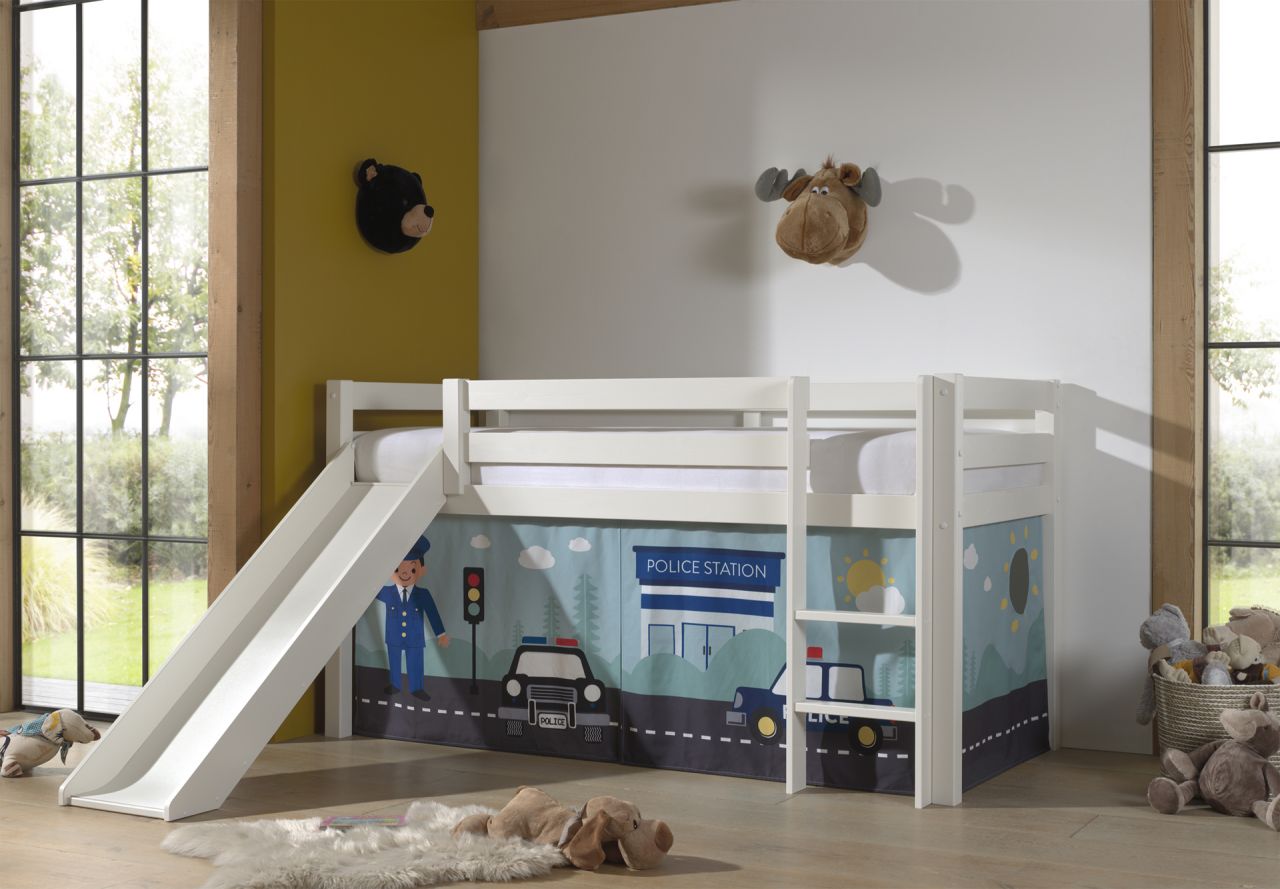 Vipack:'Pino' Halbhohes Bett mit Rutsche+Textilset 'Police'-Weiß