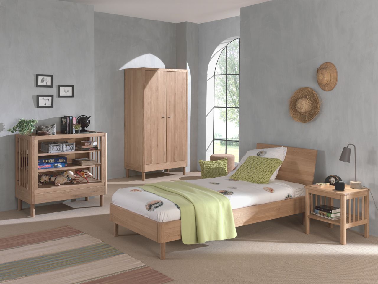 Set Futonbett Schrank 2T Nachtkonsole Beistellregal Lattenrost Eiche massiv