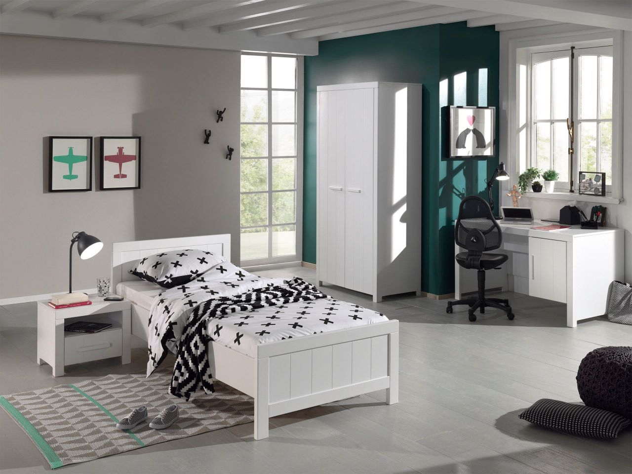 Vipack: Set 'ERIK' mit Bett 90x200 Nachtkonsole Kleiderschrank Schreibtisch-Weiß