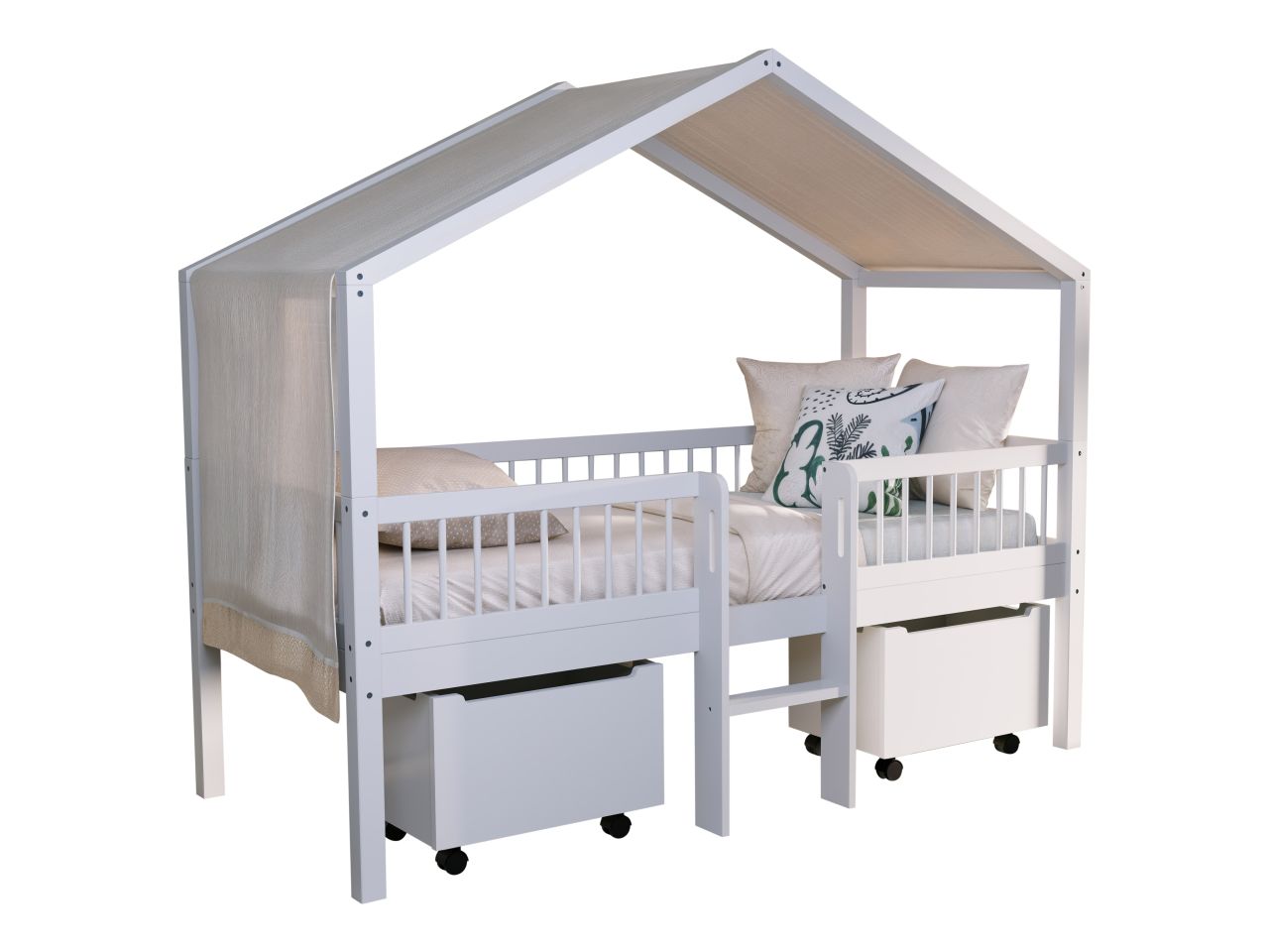 Halbhohes Hausbett Leiter Lattenrost 90x200 Rollboxen Himmel Buche massiv weiß