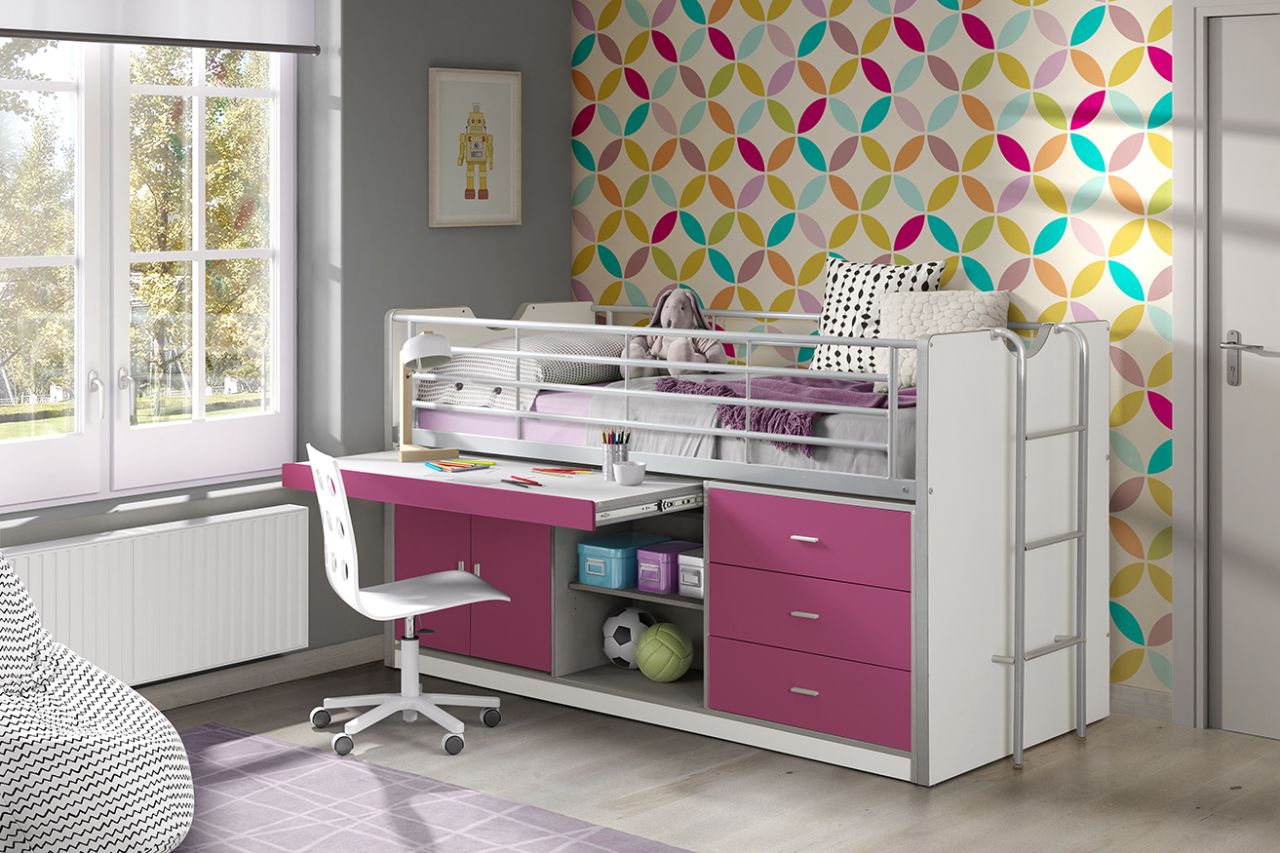 Vipack Hochbett BONNY 90 x 200 Weiß / Fuchsia mit Schreibtisch Halbhochbett