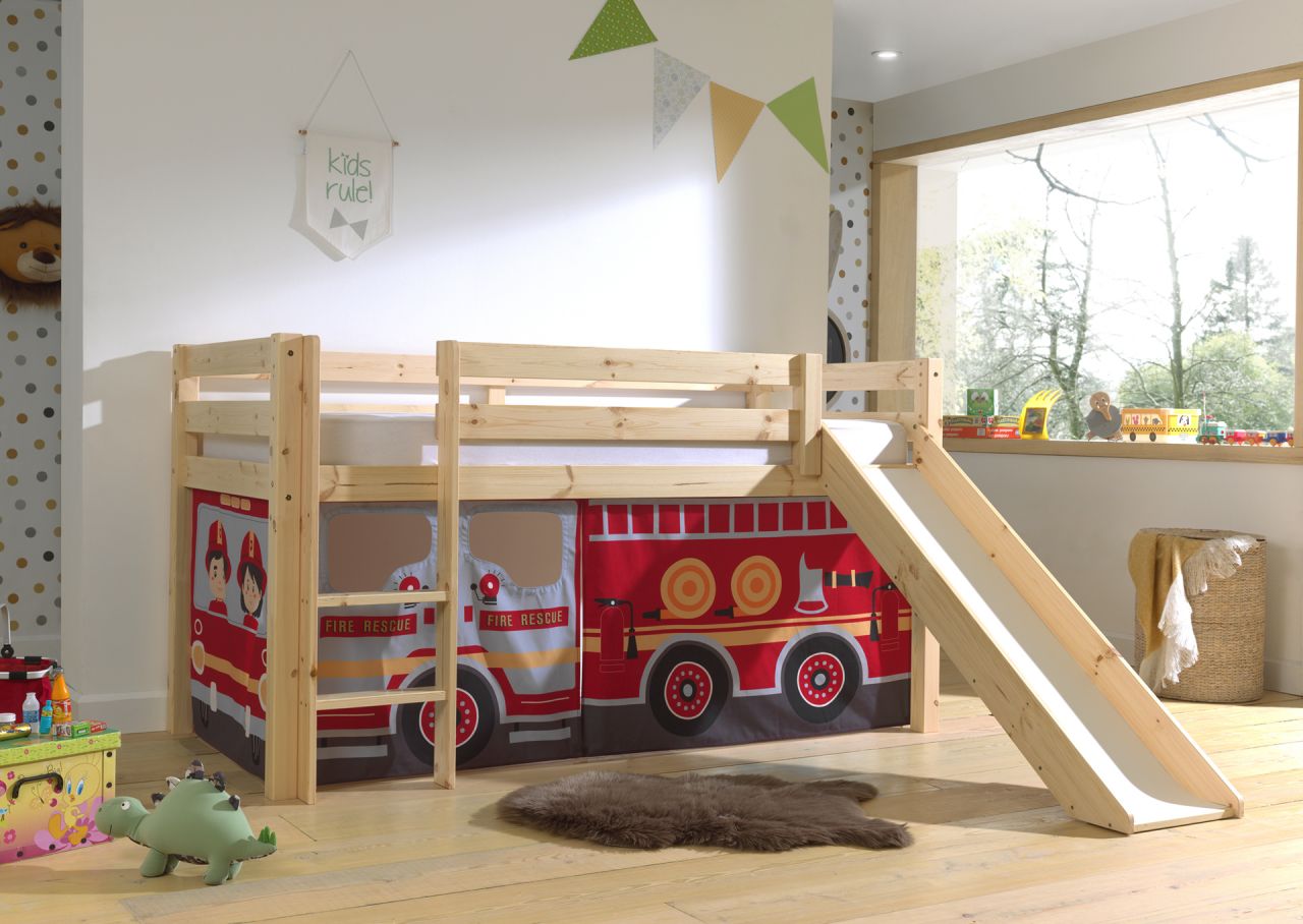Vipack:'Pino' Halbhohes Spielbett mit Rutsche und Textilset Feuerwehr - Kiefer