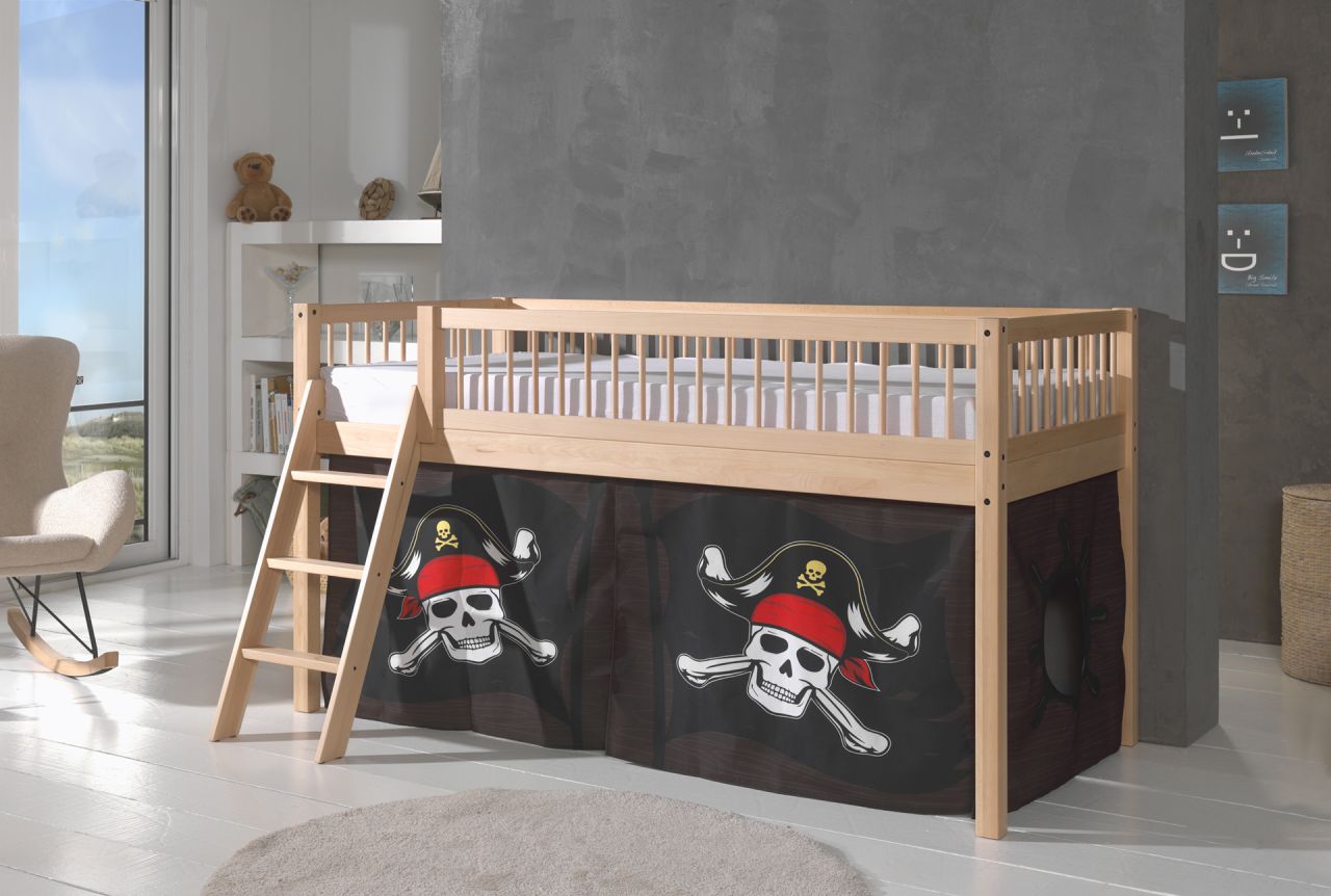 Halbhohes Spielbett Kinderbett 90x200 Vorhangset Pirat Buche massiv Natur