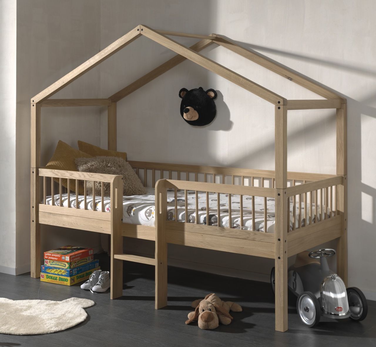 Halbhohes Hausbett Leiter Lattenrost 90x200 Spielbett Eiche massiv natur geölt