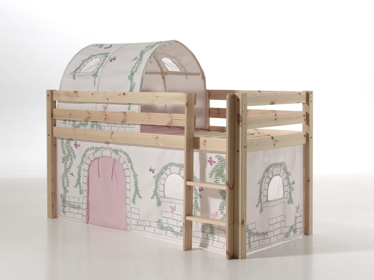 Vipack PINO Spielbett / Hochbett 90x200 mit Vorhang+Tunnel 'Birdy' Massiv Natur