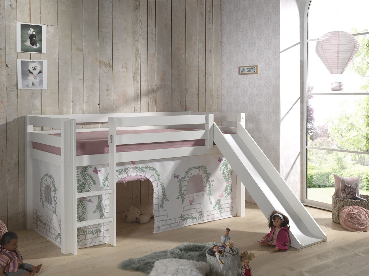 Vipack: 'PINO' Spielbett mit Rutsche 90 x 200 und Vorhang 'Birdy' - Massiv Weiß