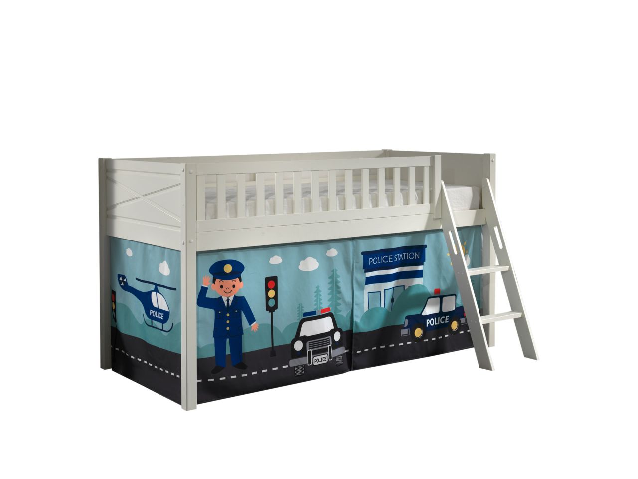 Set Spielbett Vorhang Lattenrost Hochbett Kinderbett 90x200 weiss Polizei blau