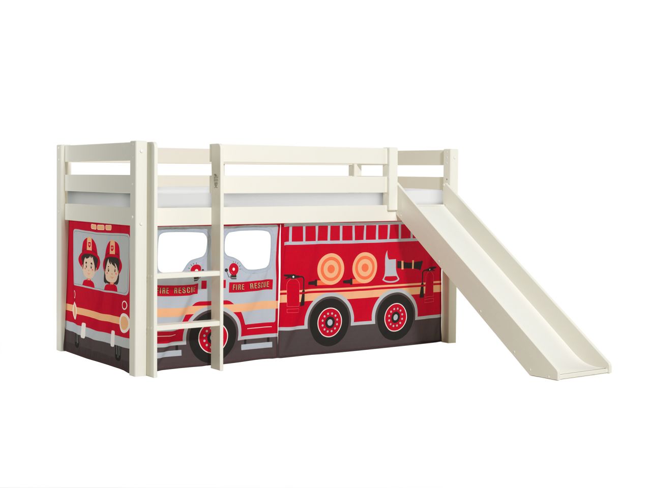 Vipack:'Pino' Halbhohes Spielbett mit Rutsche+Textilset Feuerwehr - Weiß