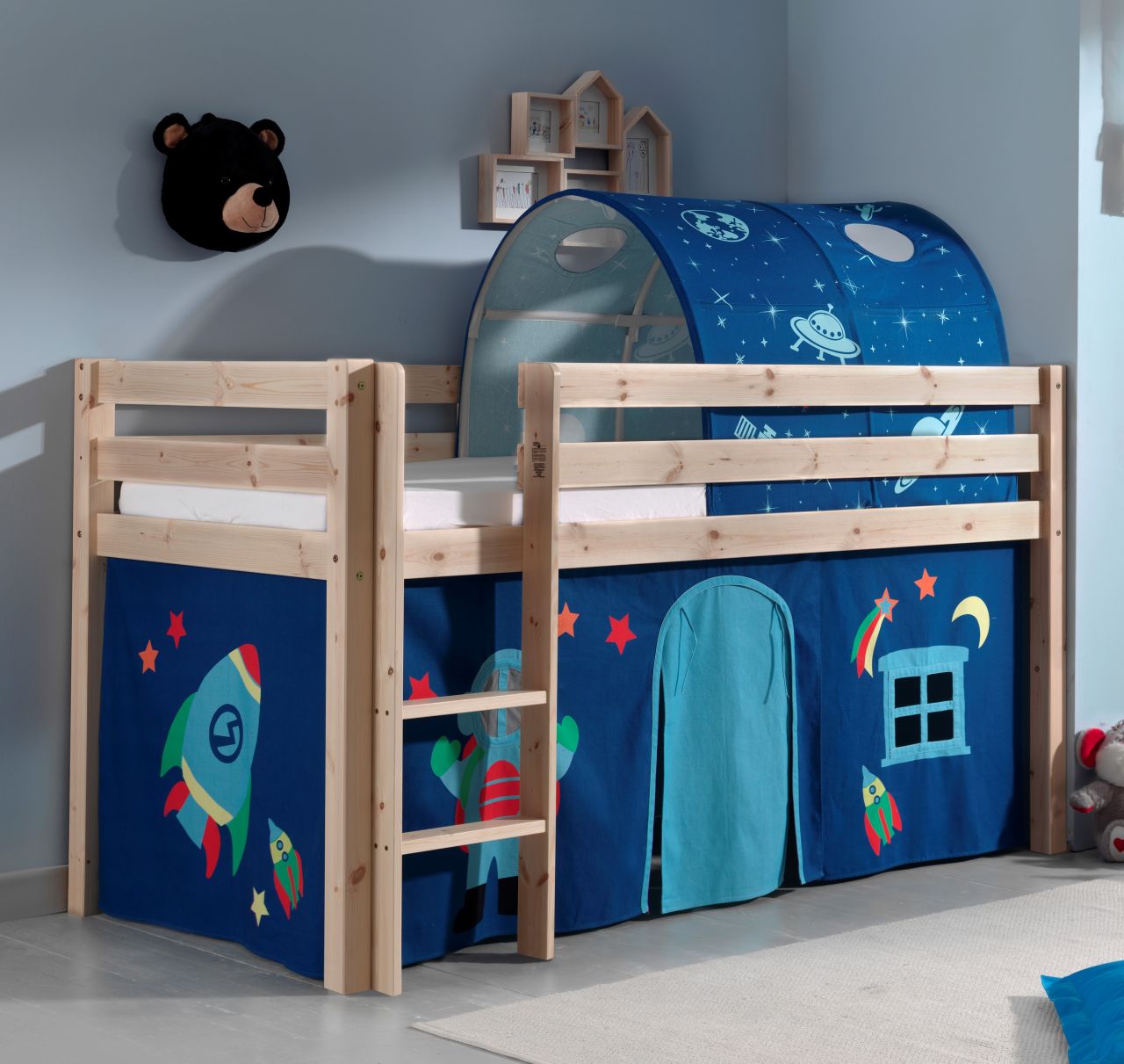 Spielbett Hochbett Kinderbett 90x200 Vorhang Taschen Tunnel Astronaut Holzbett