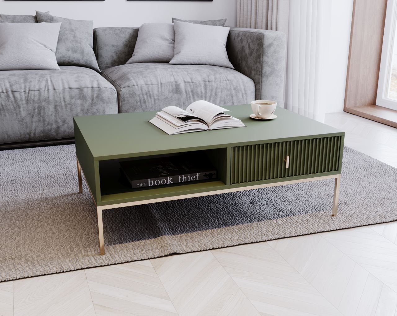 Couchtisch Beistelltisch Wohnzimmertisch Sofatisch Ablagetisch Rauchgrün Gold