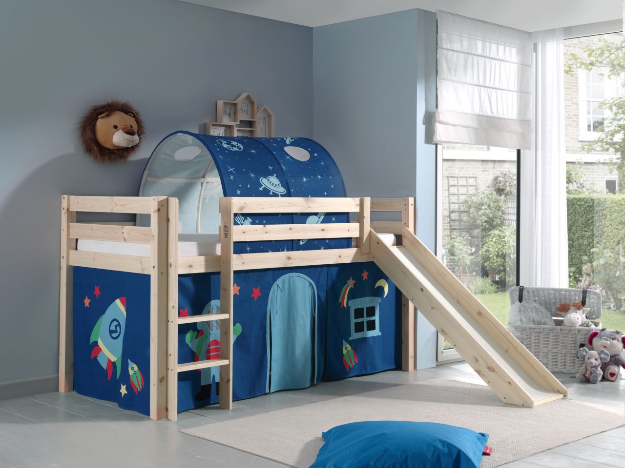Spielbett Hochbett Kinderbett 90x200 Rutsche Vorhang Tunnel Astronaut Weltall
