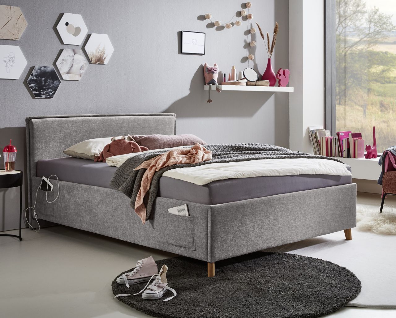 Polsterbett in 3 Größen Jugendbett Polsterliege USB-Anschluss Grau