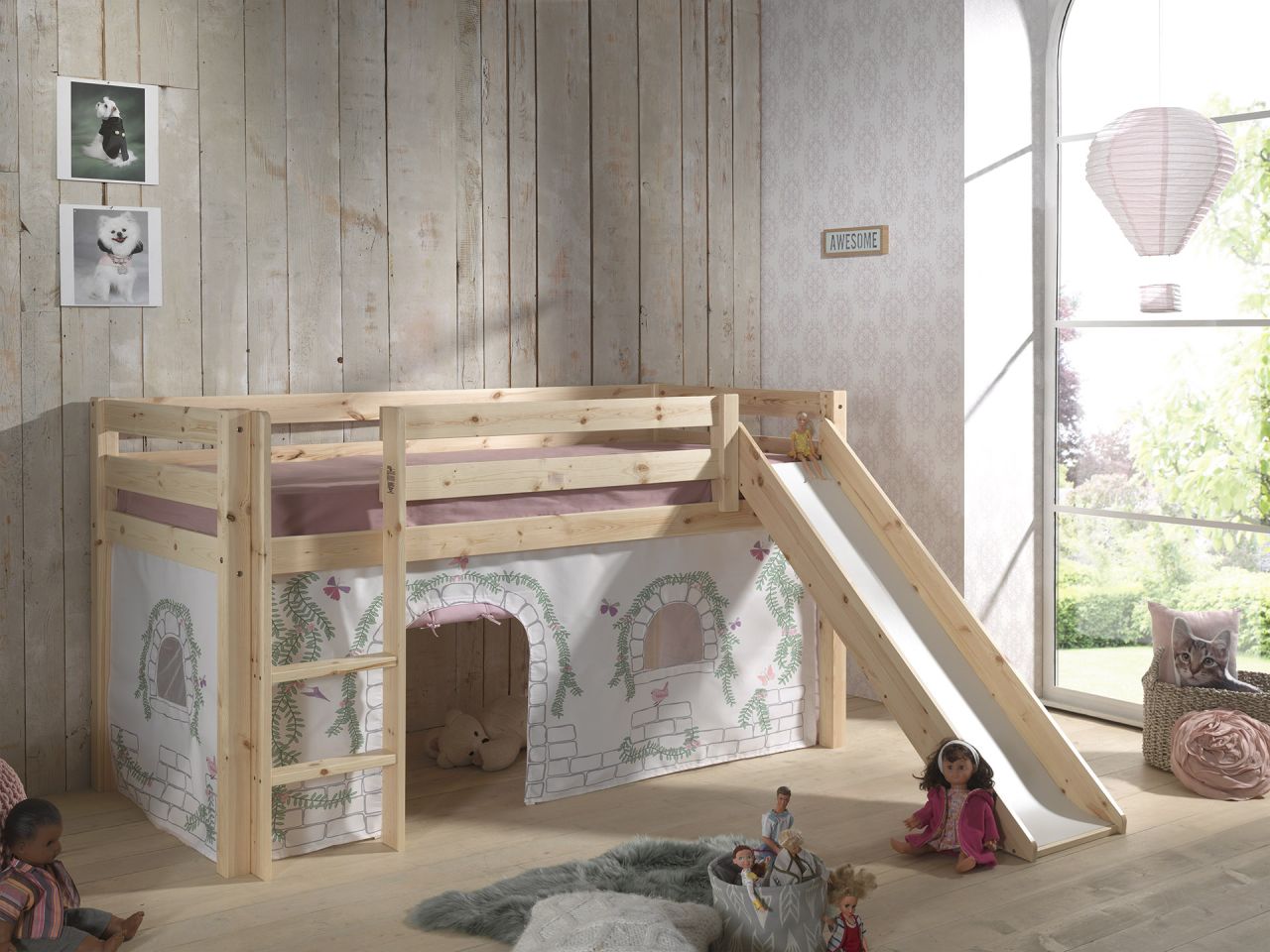 Vipack: 'PINO' Spielbett mit Rutsche 90 x 200 und Vorhang 'Birdy' - Massiv Natur