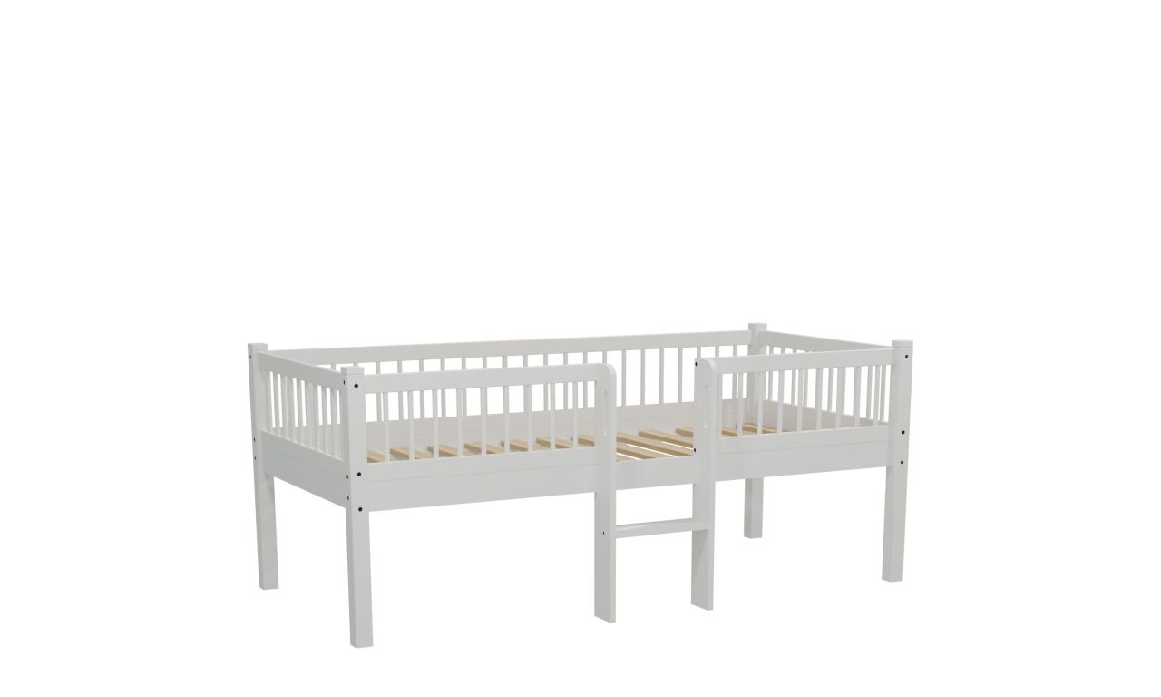 Junior-Spielbett Höhe 85 Leiter Lattenrost 90x200 Buche massiv weiß lackiert