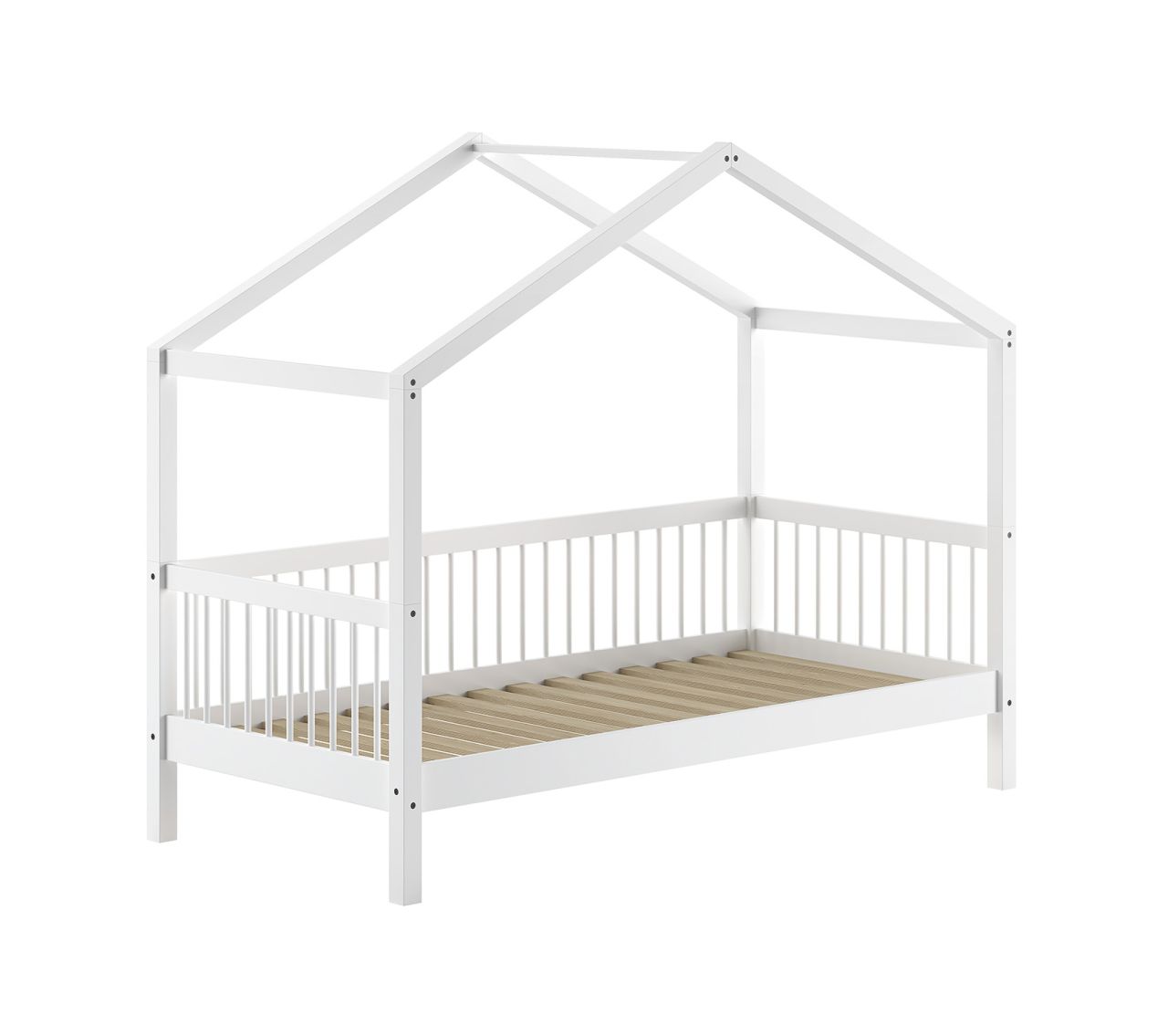 Hausbett Spielbett Kinderbett 90x200 Kindermöbel Lattenrost Buche massiv weiß