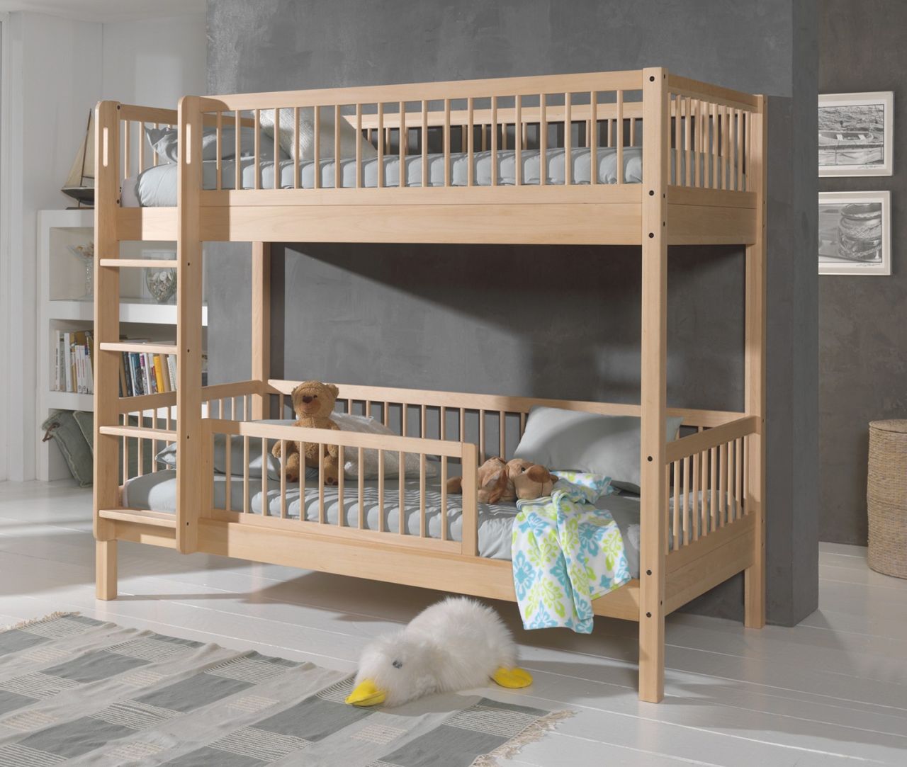 Etagenbett 90x200 mit Rausfallschutz Buche massiv natur Stockbett Jugendbett