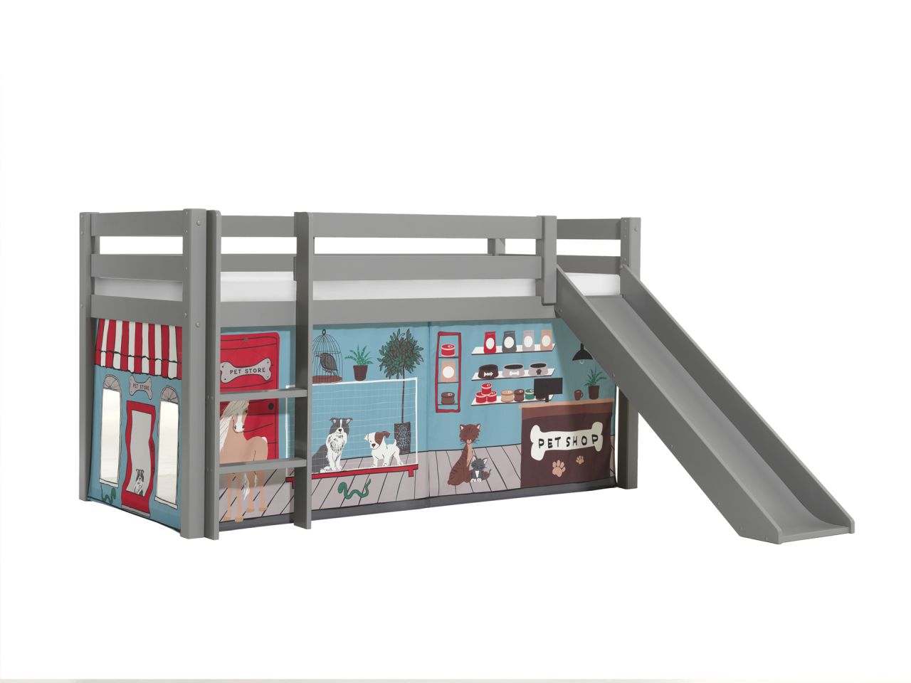 Vipack:'Pino' Halbhohes Bett mit Rutsche+Textilset 'Pet Shop'-Grau