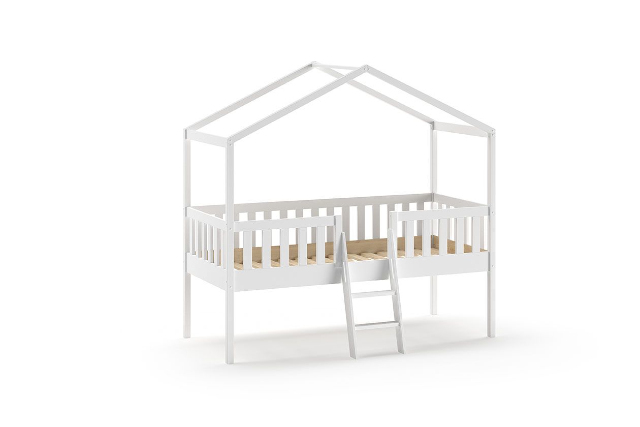 Hausbett 90x200 Kinderbett Spielbett Holzbett Hochbett Lattenrost Leiter Weiß