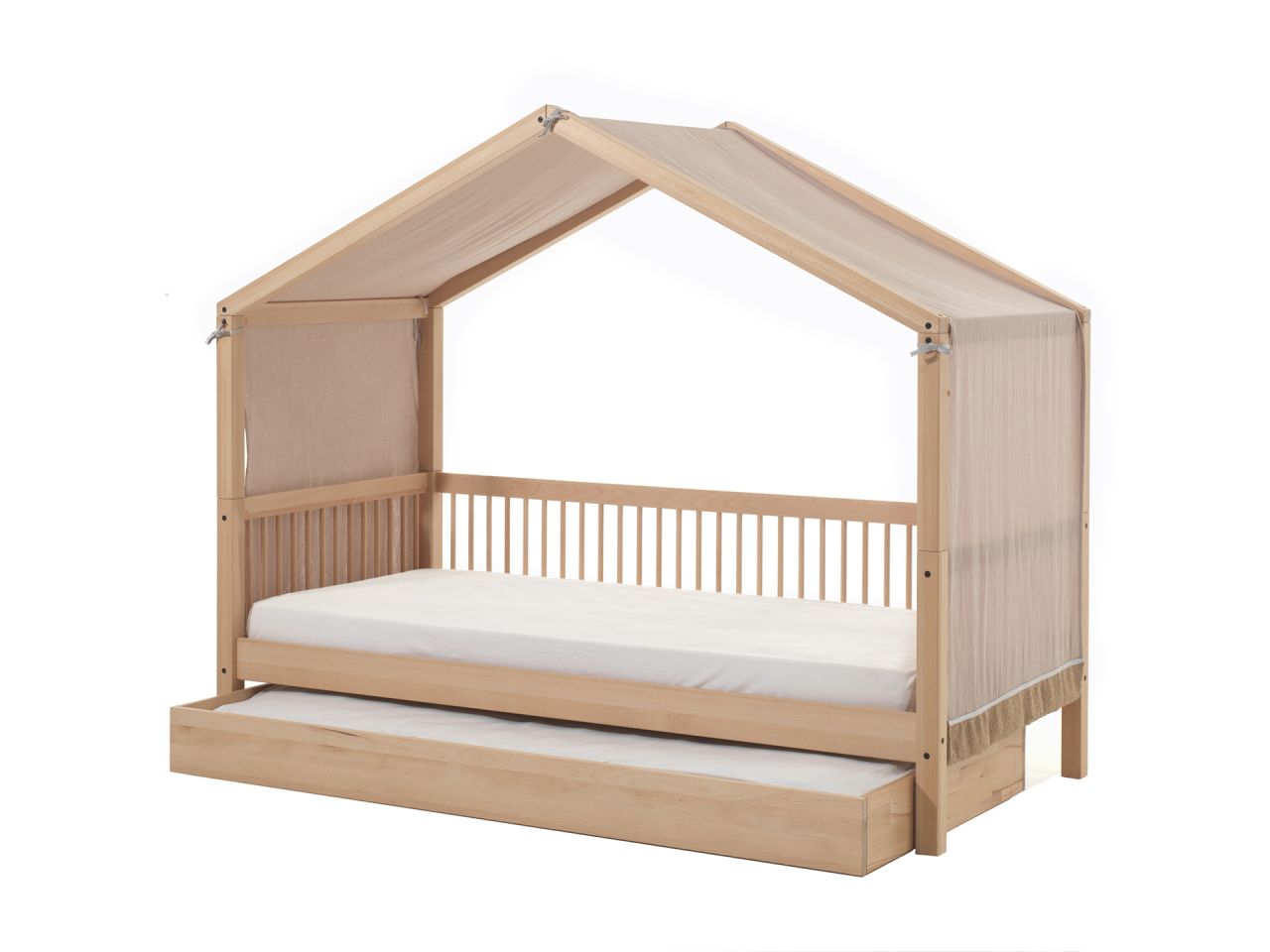 Hausbett 90x200 mit Bettschublade Textilhimmel Lattenrost Spielbett Buche Natur