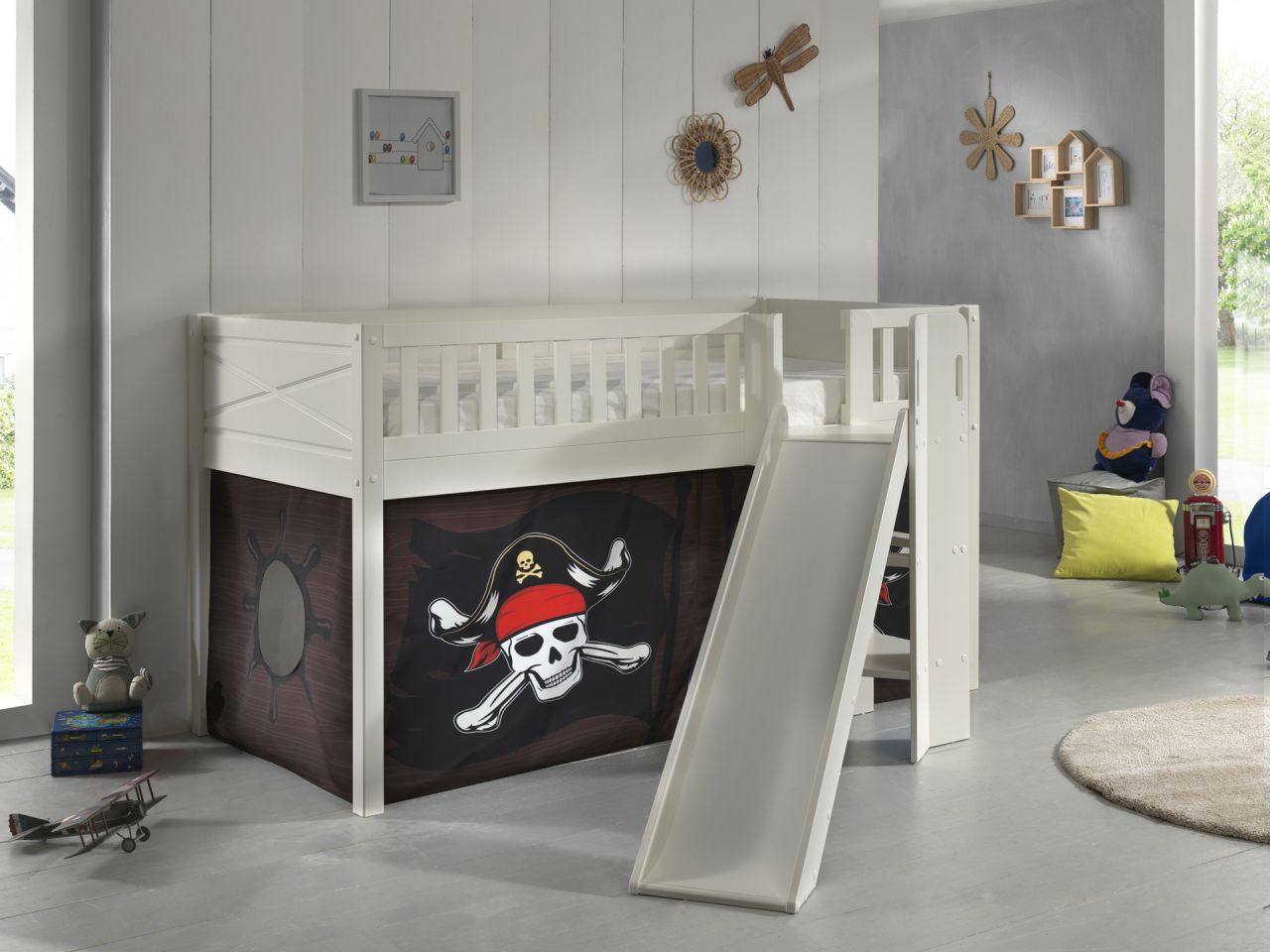 Set Spielbett Rutsche Vorhang Lattenrost Hochbett Kinderbett 90x200 Piraten Weiß